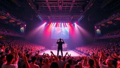 A visually stunning VR concert setting with a virtual crowd, vibrant stage lights, and a famous artist performing, capturing the essence of a live concert experience in a digital world.
