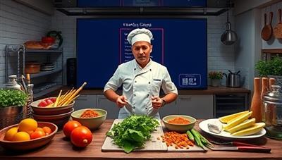 An interactive virtual cooking class setup featuring a chef guiding participants through a culinary experience, with fresh ingredients, cooking utensils, and a digital recipe book displayed on screen, creating a vibrant and immersive cooking atmosphere that inspires creativity and culinary exploration.