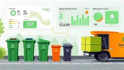 An image illustrating a smart waste management system in action, with sensor-equipped bins, data analytics dashboards, and waste collection vehicles optimizing waste collection routes and recycling processes, showcasing the efficiency and sustainability of the smart waste solutions.