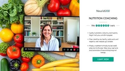 A virtual nutrition coaching session scene with a wellness coach and client engaging in a video call, discussing healthy eating habits and lifestyle changes, surrounded by vibrant fruits and vegetables, promoting health and wellness at Nourish360 Wellness.