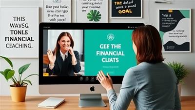 An empowering visual of a virtual financial coaching session with a confident coach guiding a client on financial strategies, displayed on a computer screen, with motivational quotes and financial goal visuals in the background, creating a supportive and goal-oriented atmosphere.