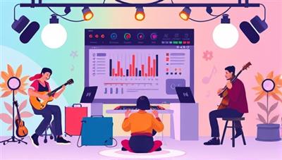 A vibrant digital illustration showcasing a virtual music collaboration session with musicians playing various instruments, a digital audio mixing interface, and a diverse group of participants from different backgrounds, capturing the creative and collaborative spirit of the online platform.