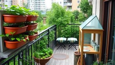 An urban balcony transformed into a lush garden oasis, featuring vertical planters, a miniature greenhouse, and a cozy seating area surrounded by greenery, illustrating the concept of sustainable urban gardening in limited spaces.