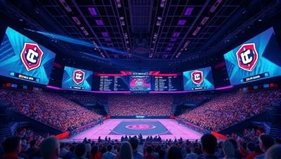 A dynamic and futuristic interface of a virtual esports arena with digital screens displaying team logos, odds, and live match updates, surrounded by an animated crowd of cheering fans, capturing the excitement of esports betting.