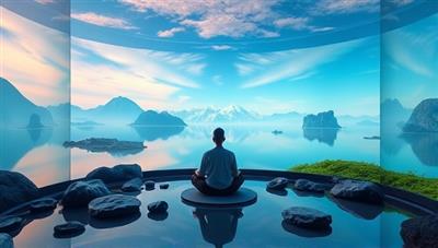 An immersive digital oasis featuring serene landscapes, calming visuals, and relaxation tools, inviting users to experience a moment of mindfulness and tranquility through MindfulTech's digital wellness platform, promoting mental well-being and stress relief.
