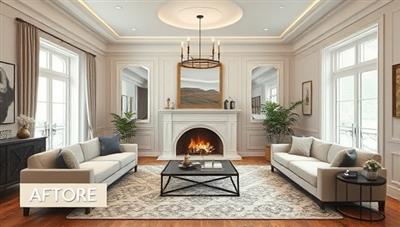 An elegant living room scene with virtual design elements overlaid, showcasing before and after visuals of a space transformation through virtual interior design consultations, highlighting creativity and functionality.