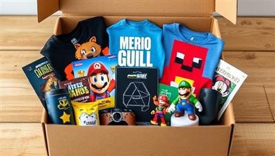 A vibrant and diverse collection of gaming merchandise items, including action figures, apparel, posters, and accessories, arranged in an aesthetically pleasing subscription box, ready to be unboxed by a delighted gamer, capturing the excitement of receiving personalized game swag.