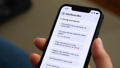 An engaging chatbot interface on a smartphone screen, depicting a comforting virtual mentor providing mental health tips, breathing exercises, and positive affirmations, illustrating the supportive role of MindMentorBot in user wellness.