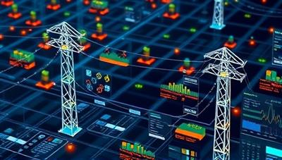 A digital simulation of a smart grid network displaying real-time data on energy distribution and consumption, with interactive grid monitoring tools and analytics graphs, symbolizing advanced grid optimization and management solutions for the energy industry.