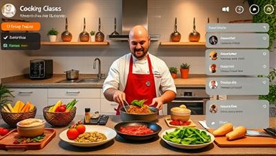 An interactive live cooking class scene featuring a chef preparing a delicious dish in a modern kitchen setup, surrounded by fresh ingredients, cooking utensils, and a live chat window for viewer interactions, creating a vibrant and educational culinary atmosphere.