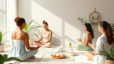 An artistic representation of a serene beauty wellness workshop setting, featuring a group of diverse participants engaging in mindfulness exercises, skincare rituals, and self-care practices, surrounded by calming natural elements and soothing color palettes, evoking a sense of inner beauty and well-being.