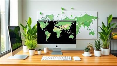 An eco-friendly office setup with digital devices, green plants, and recycled paper art, symbolizing sustainability, efficiency, and environmental awareness in accounting practices.