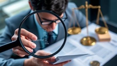 An image of a virtual forensic accountant analyzing financial documents and digital transactions through a magnifying glass, with legal scales and evidence markers in the background, symbolizing meticulous investigation and professionalism in forensic accounting services, building trust and credibility.