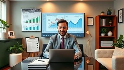 An inviting virtual office backdrop with a financial advisor discussing investment portfolios on a video call with a client, surrounded by financial charts and planning tools, conveying professionalism and expertise in financial coaching within the WealthWise Virtual service.