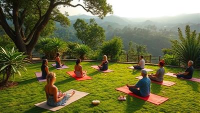 A tranquil wellness retreat setting surrounded by lush nature and serene landscapes, with guests participating in yoga sessions, mindfulness activities, and wellness workshops while engaging with informative and inspiring brand-sponsored content and interactive ad experiences, creating a harmonious blend of relaxation and advertising enlightenment.