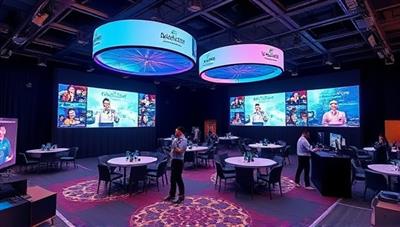 An immersive virtual event setup with digital screens displaying interactive content, virtual networking areas, and live streaming capabilities, illustrating the modern and tech-savvy approach to event planning.