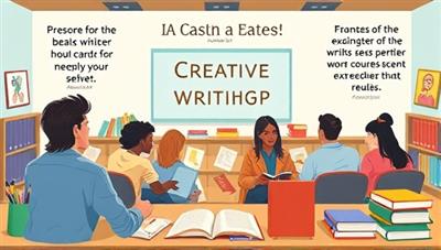 An artistic illustration depicting a virtual classroom setting with diverse participants engaging in a creative writing workshop, surrounded by colorful books, pens, and inspirational quotes on creativity, evoking a sense of imagination and community among writers.