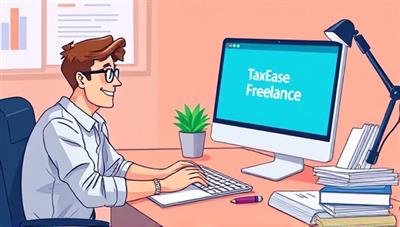 An illustration of a freelancer smiling at a computer screen while using the TaxEase Freelance platform, with tax documents organized neatly on the desk, conveying ease and efficiency in managing tax compliance for freelancers.