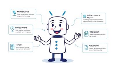 An illustration of a digital assistant character representing the AI-powered property management platform, organizing maintenance requests, rent payments, and tenant communications in a seamless and efficient manner, showcasing the convenience and automation benefits.