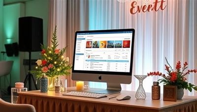 An elegant virtual event setup with a computer displaying a sophisticated event planning dashboard, surrounded by digital event decorations and a festive atmosphere, conveying convenience and creativity.