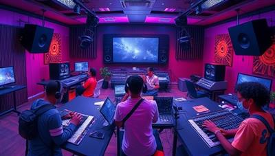 An immersive digital illustration of a virtual music production studio, with a diverse group of students collaborating on a track, adjusting virtual mixing boards, and creating beats on digital workstations, highlighting the creativity and teamwork fostered by SoundCrafters.