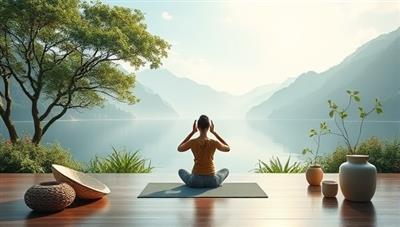 A serene virtual wellness retreat environment with a tranquil digital landscape, featuring an online yoga session in progress, calming music, and virtual nature elements to evoke a sense of relaxation and inner peace.