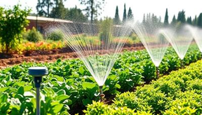 A smart irrigation system in action, watering a diverse range of plants with precision and efficiency, showcasing the technology's ability to conserve water and promote sustainable irrigation practices in agriculture and landscaping.