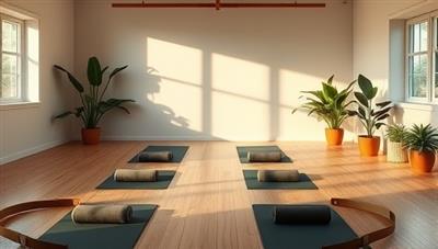 A tranquil yoga studio setting with soft lighting, yoga mats neatly arranged, lush green plants, and a serene atmosphere conducive to mindfulness and relaxation, inviting guests to unwind, practice yoga, and embark on a wellness journey at Tranquil Haven Wellness.