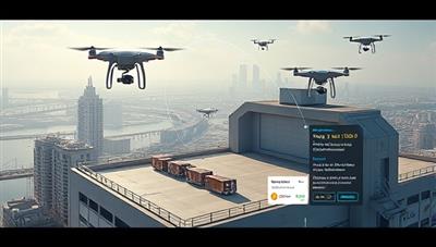 A virtual warehouse rooftop scene with drones taking off and landing, carrying packages, and navigating through urban landscapes, surrounded by digital flight paths, delivery timelines, and customer order notifications, illustrating the futuristic concept of drone-powered logistics.