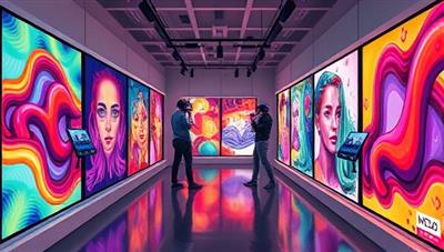 A digital gallery showcasing colorful and abstract NFT artworks displayed on virtual screens, with users interacting with the artworks through VR headsets, capturing the essence of NFTrend Art's online art marketplace for NFTs.