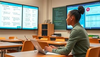 An educational setting with digital screens displaying test questions, study notes, and progress trackers, alongside a virtual tutor guiding a student through exam preparation strategies, illustrating personalized and effective test tutoring.