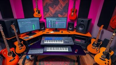 A virtual music studio setup with digital audio workstations, MIDI controllers, and professional audio equipment, surrounded by musical instruments and creative tools, inspiring a vibrant and dynamic learning environment for music enthusiasts.
