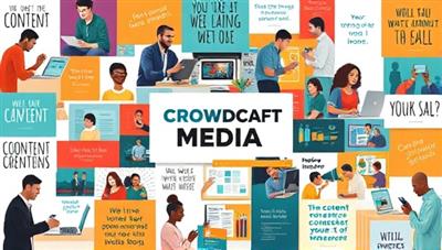 An artistic collage featuring diverse content creators working on laptops, tablets, and cameras, surrounded by colorful content samples and inspirational quotes, illustrating the collaborative and creative nature of CrowdCraft Media's crowdsourced content platform.
