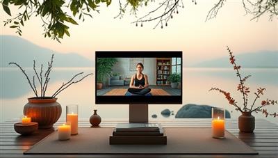 A serene virtual retreat setting with a tranquil background, featuring a yoga instructor leading a class via live stream, surrounded by calming nature elements, candles, and soft lighting, creating a peaceful and immersive experience.