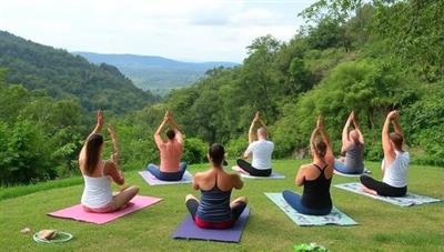 A serene retreat setting with participants engaged in outdoor activities like yoga, hiking, and meditation, surrounded by lush greenery and natural elements, fostering a sense of tranquility and disconnection from the digital world.