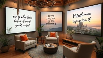An artistic virtual retreat setting with cozy writing nooks, inspirational quotes, and virtual writing excursions displayed on screens, creating a tranquil and creative ambiance to inspire writers to unleash their creativity and hone their craft.