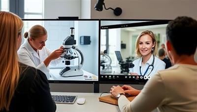A split-screen image showcasing a virtual hair consultation session in progress, with a haircare specialist examining hair samples under a microscope on one side and providing personalized advice via video call to a client on the other side, illustrating the expert guidance and virtual interaction offered by HairRx Experts.
