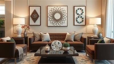 An elegant living room setting adorned with a variety of customized 3D-printed home decor pieces, including geometric vases, intricate wall art, and stylish candle holders, enhancing the ambiance and personal touch of the space.