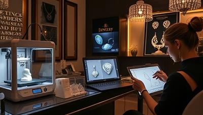 An elegant jewelry studio setting with 3D printers in action, intricate jewelry designs displayed on screens, and a jewelry designer sketching a custom piece, illustrating creativity and technology intertwined in jewelry making.