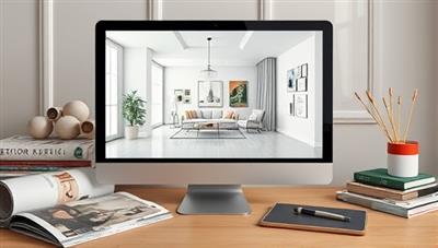 An elegant and modern virtual room design displayed on a computer screen, surrounded by design magazines, paint samples, and a tablet with a stylus, highlighting the creative and tech-savvy aspects of the online interior design service.