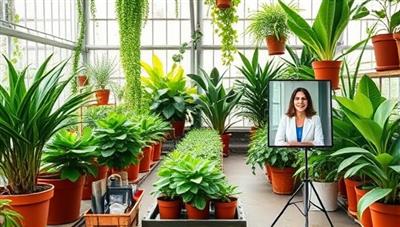 A virtual greenhouse setting with an array of lush indoor plants, gardening tools, and a plant consultant offering advice to a client via video call, showcasing the beauty of indoor greenery and expert plant care guidance.
