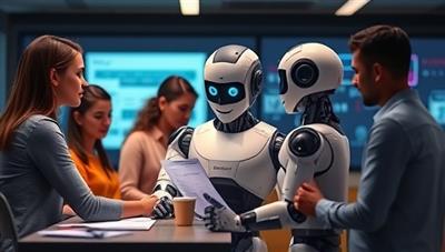An AI-powered robot assisting a diverse group of individuals and business owners with their tax documents, showcasing the efficiency and accuracy of TaxSavvy AI in tax compliance processes.