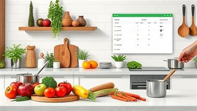 An inviting virtual kitchen space with fresh ingredients, cooking utensils, and a digital meal planner, symbolizing the fusion of nutrition education, culinary skills, and wellness coaching in a welcoming and interactive online setting.