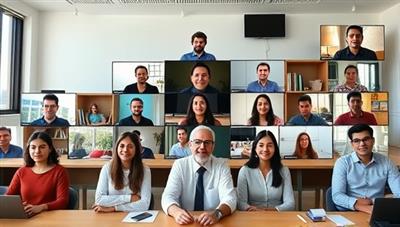 A virtual classroom setting with a diverse group of people engaging in language practice sessions via video call, showcasing global connectivity and cultural exchange.