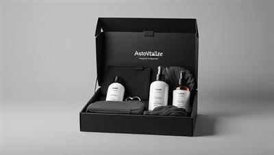 A sleek and elegant package design concept for AutoVitalize, featuring a luxurious car care kit with premium detailing products, microfiber cloths, and accessories neatly arranged in a sophisticated box, exuding sophistication and quality.