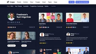 An online platform interface showcasing a diverse range of freelance professionals with project listings and client reviews, illustrating a dynamic and collaborative gig economy ecosystem.