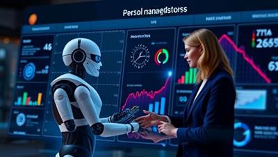 A digital interface showcasing a blend of advanced technology and personal finance expertise, with a robo-advisor icon and a human advisor collaborating on an investment strategy, symbolizing innovation and personalized wealth management.