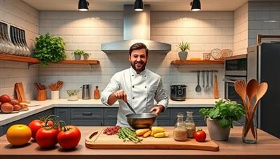 An inviting virtual kitchen setup with a professional chef hosting a live cooking class, surrounded by fresh ingredients, cooking utensils, and a digital recipe display, creating an immersive and interactive culinary learning environment for aspiring chefs and food enthusiasts.