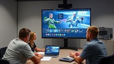 An online game development workshop session featuring an instructor guiding students through a game design project on-screen, with participants actively participating in the learning process and discussing creative ideas, illustrating the interactive and educational aspects of GameForge Academy.