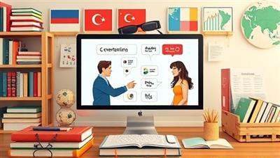An engaging visual representation of a virtual language exchange session, with users engaging in a conversation in different languages through a computer screen, surrounded by language textbooks and cultural artifacts, highlighting communication and cultural exchange.
